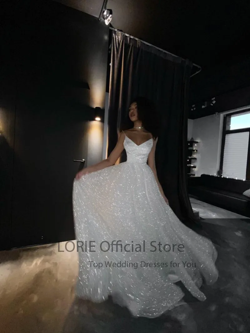 

LORIE Glitter Wedding Dresses V-Neck Spaghetti Strap A-Line Wedding Gown Sparky White Ivory Custom Made Party Bride Dress 2021