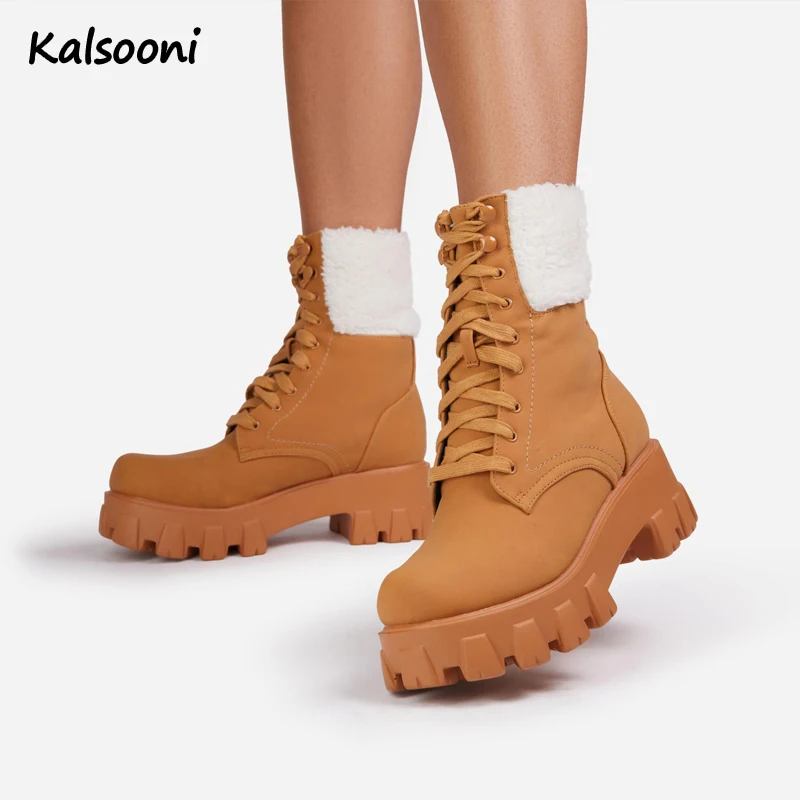 

Kalsooni 2021 New Women Shoes Winter Boots Warm Martin Boots Ankle Lace-up Snow Boots 35-43