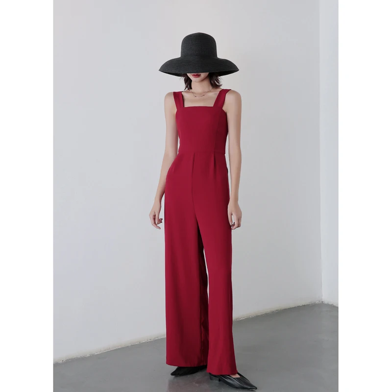 Женский офисный комбинезон в стиле ретро длинный с широкими штанинами