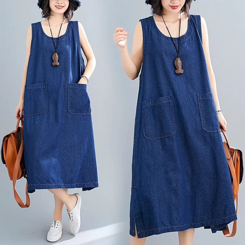 

New Summer Hem Split Women Dresses Plus Size O-Neck Casual Loose Solid Pocket Sleeveless Jeans Dress For Females Denim One-Piece