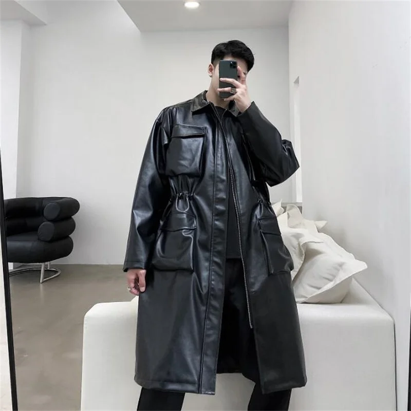 Men's long leather trench coat European and American loose casual multi-pocket hunting youth handsome clothing veste homme black
