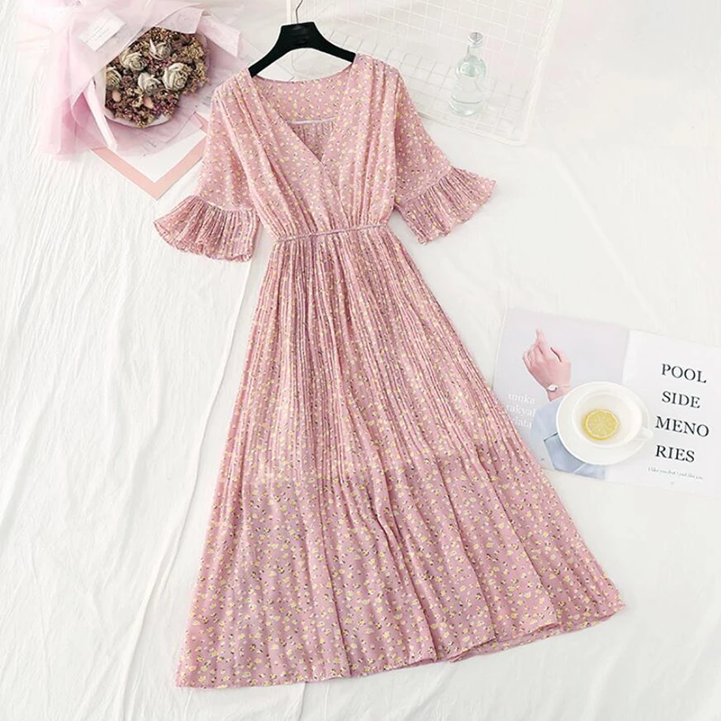 Женское шифоновое платье с расклешенными рукавами элегантное плиссированное