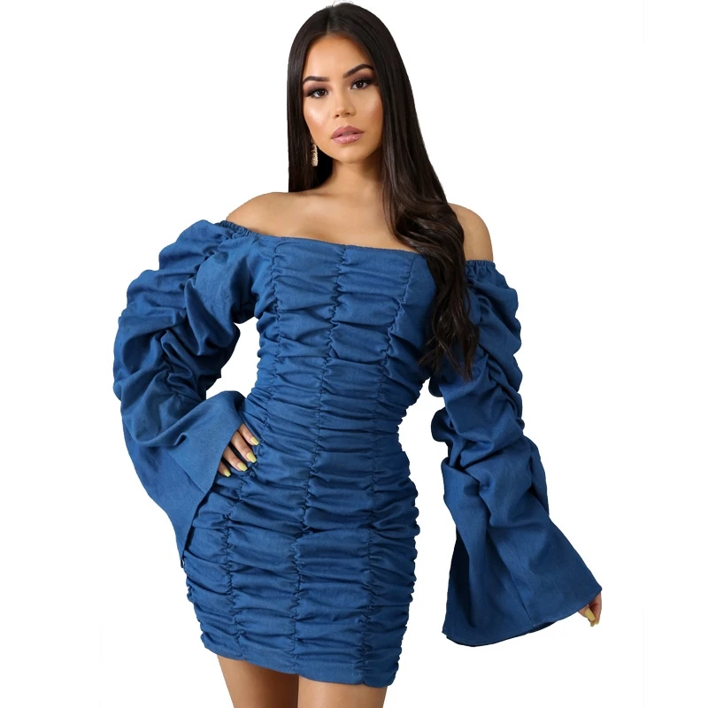 Плиссированное Платье с длинным рукавом и открытыми плечами женское сексуальное