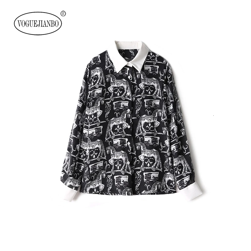 

2020 early spring women's new lapels long sleeve vintage printed 100% silk top chemisier femme ropa mujer blusa feminina roupas