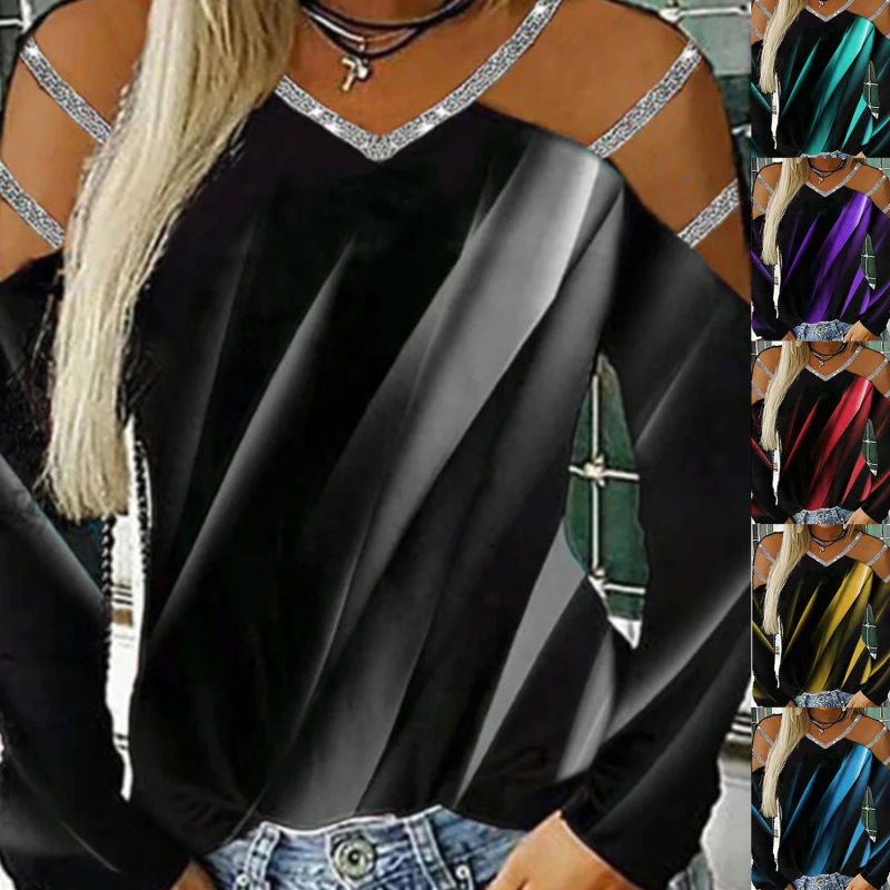 

Print T Shirt For Women Long Sleeve V Neck Hollow Out Ladies Tops Pullover T-shirt Camisetas Mujer Clothes Woman Tshirts
