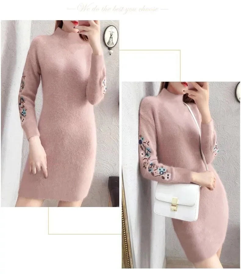 

Women's Loose High Neck Mid-length Pullover Sweater Embroidered Embroidery Long Sleeve Top