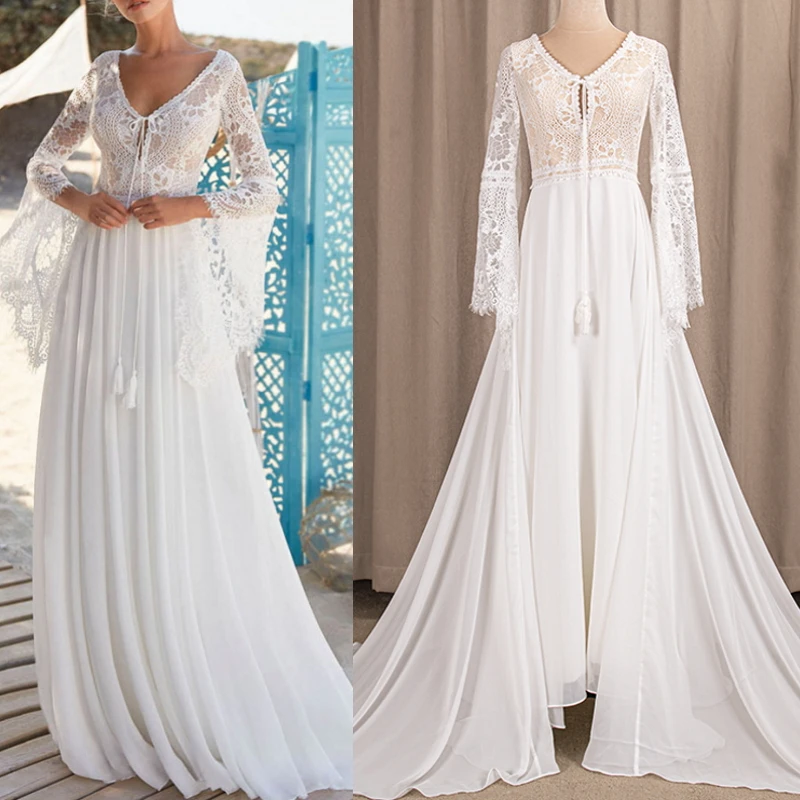 

10028#Factory Price 100 % real sample photo Lace boho bohemian V-Neck Long Sleeve Backless wedding dress bridal gown