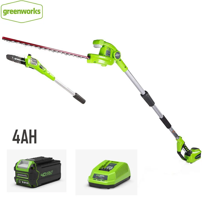 Новое поступление GreenWorks 20302 г-макс. 40 в 8-дюймовая Беспроводная пила для шеста и триммер для живой изгороди, расческа, аккумулятор и зарядное устройство в комплекте - изображение