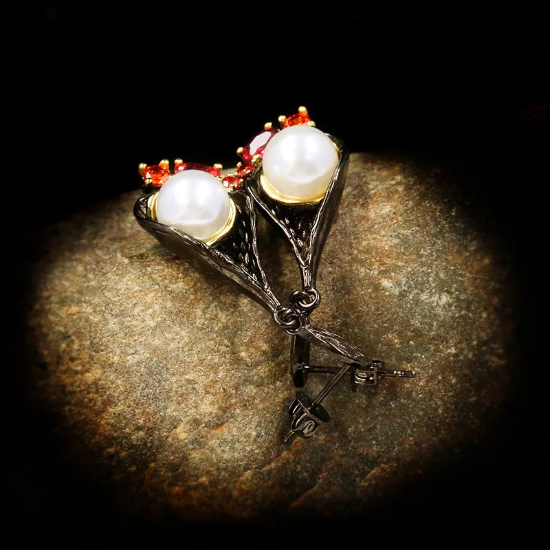 

Charm Female White Pearl Drop Earrings 14KT Black Gold Wedding Earrings For Women Vintage Red Oval Crystal Dangle Earrings
