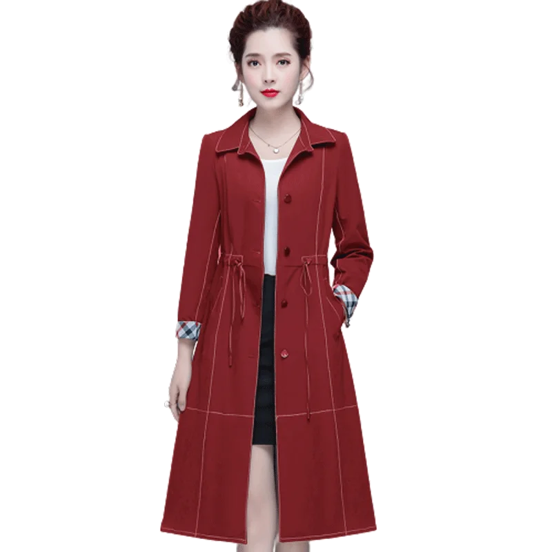 

Windbreaker women's middle and long style 2020 autumn new fashion slim slim waist tied middle aged mother's knee coat