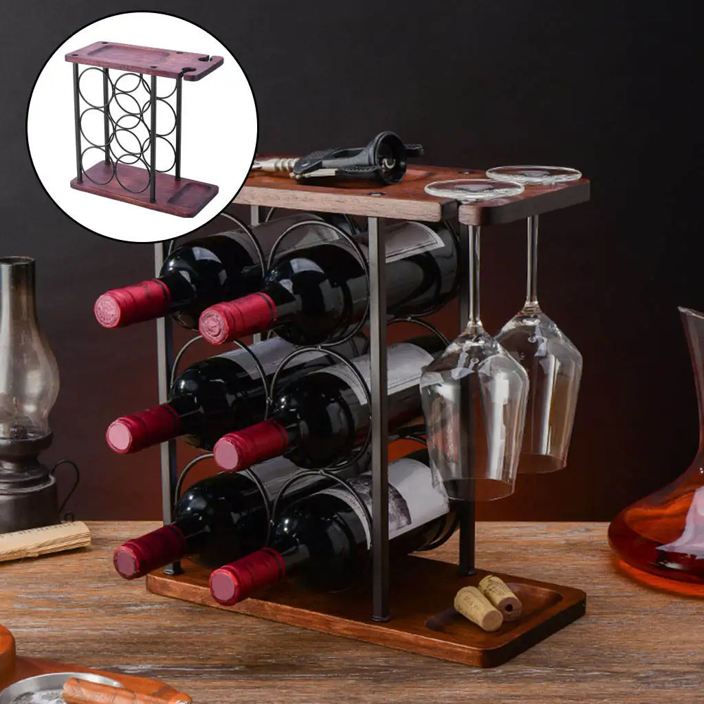 

Полка для хранения вина, 6 бутылок и 2 Кружки Стаканы, 3-уровневая Штабелируемая винная полка для винного погреба, бара, столешницы, буфета, ук...