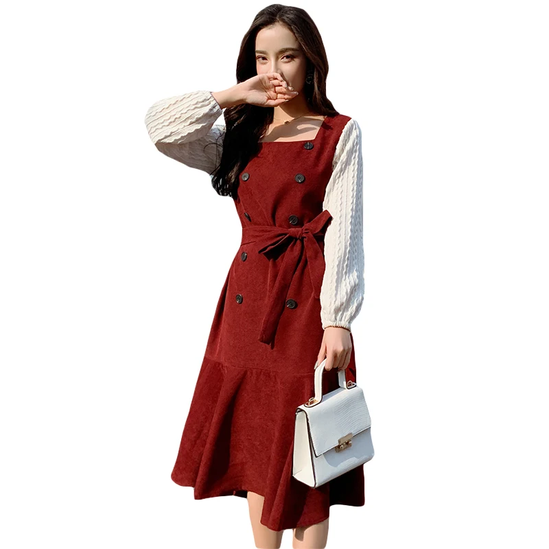Модное женское платье из двух частей осеннее с квадратным воротником