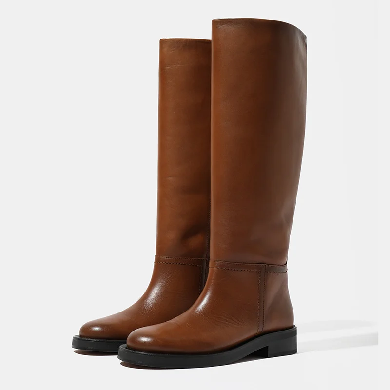 

Womens Riding Boots Brown Leather Knee High Boots Wide Calf Brand Fashion 2021 Female Shoes Autumn Replica Size 40