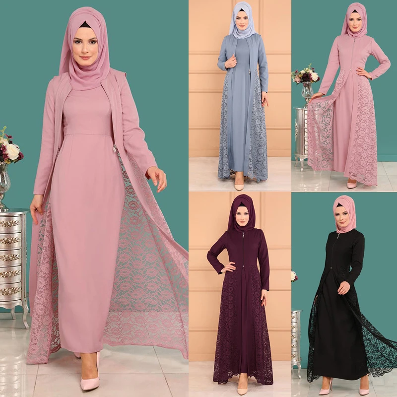 

Two-piece Sets Muslim Dress and Outwear Women Lace Slim Fit Long Sleeve Kimono Islamic HIjab Dresses Plus Size 5XL