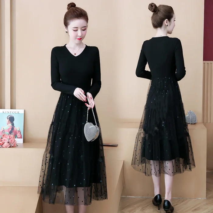 

Autumn and winter simple knitted dress V-neck T-shirt skirt