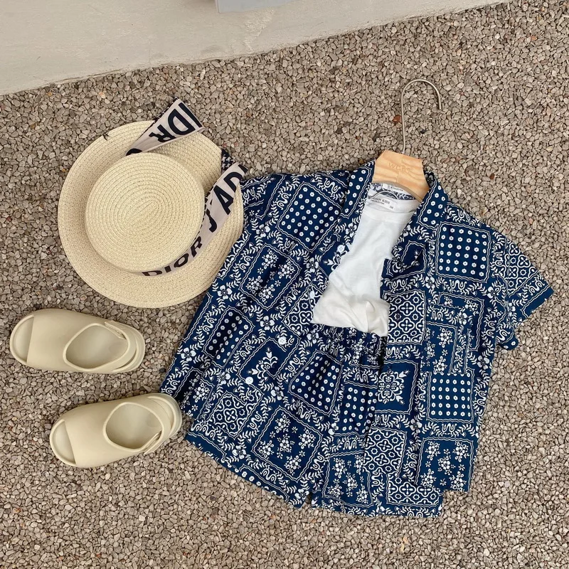 

2021 Summer Boy Girl Sets white sleeveless T-Shirt+Printed short sleeves shirt+Shorts fashion Outfit Children Clothing E100263