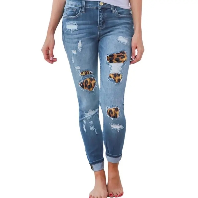 

Женские облегающие джинсы размера плюс с высокой талией, однотонные леопардовые Лоскутные Асимметричные ребристые длинные узкие брюки, по...