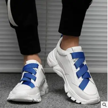 

White Leather Men Sneakers Hip Hop Web Celebrity Flats Thick Bottom Platform Casual Shoes