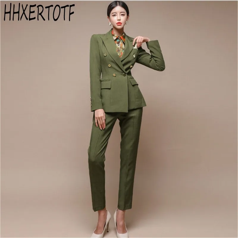 

Women Solid Green Pant Suits Double Breasted Blazer Jacket and Slim Pencil Pant 2 Pieces Set Female Wear to Business Suits