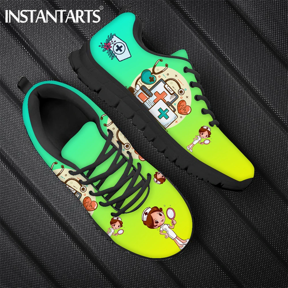 

INSTANTARTS Hot Selling Ladies Soft Sport Sneakers Shoes Cartoon Nurse Girls and Medical Tool Pattern Flat Shoes for Women 2021