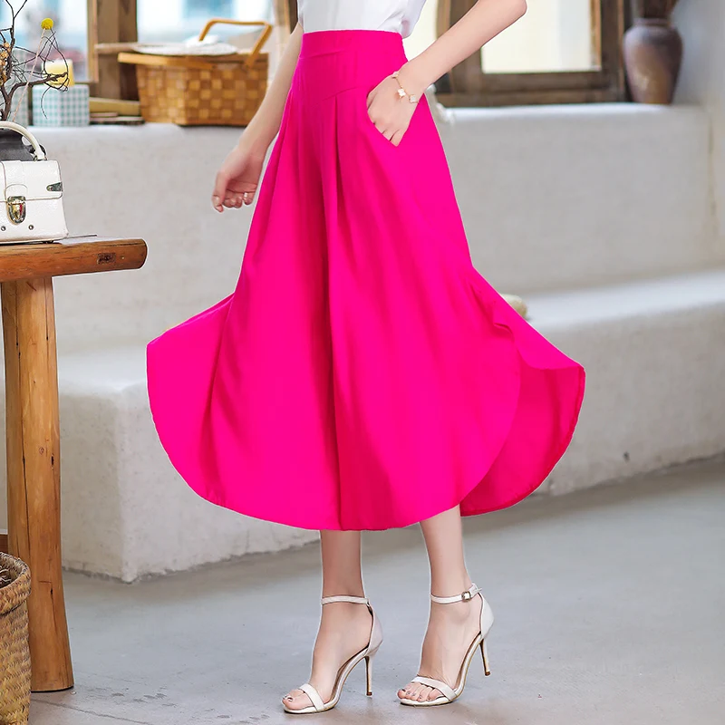 

2021 Spring Women Soild Wide Leg Pants High Waist Loose Trousers for Female with Pockets Ladies Casual Calf-Lenghth Skirt Pants