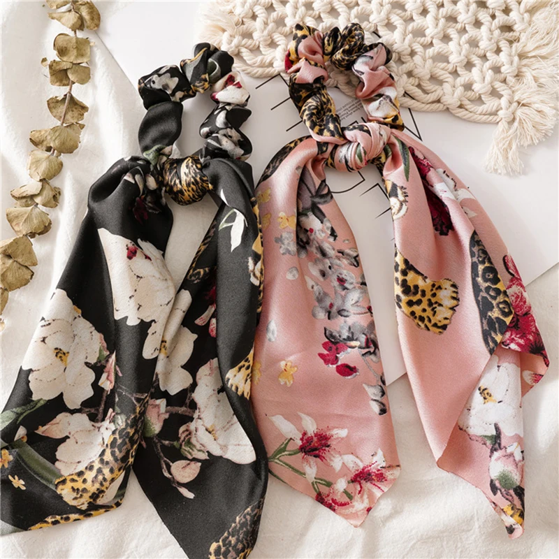 

New Floral Print Scrunchie Silk Satin Elastic Hair bands For Women Ponytail Scarf Bows Hair Ropes Girls Hair ties Accessories