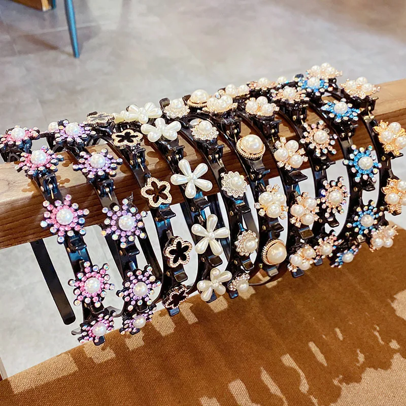 

Fashion Pearl Flower Rhinestone Hair Band Braided Bangs Fixed Headband Sweet Girl Rhinestone Hair Band Styling Tools Accessories