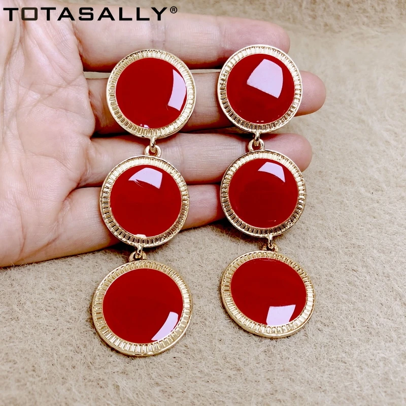 

TOTASALLY Fashion Geometric Earrings Long Black/ Red Enamel Circles Hearts Chunky Dangle Earring Women's Party Earring
