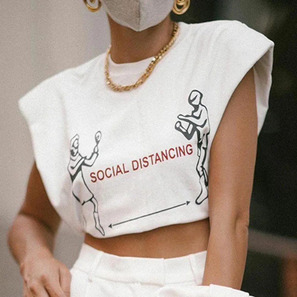 

Western Style Tank Top Spring Summer Fashion Temperament Loose Casual Printing Shoulder Pads Round Neck Navel Simple 2021