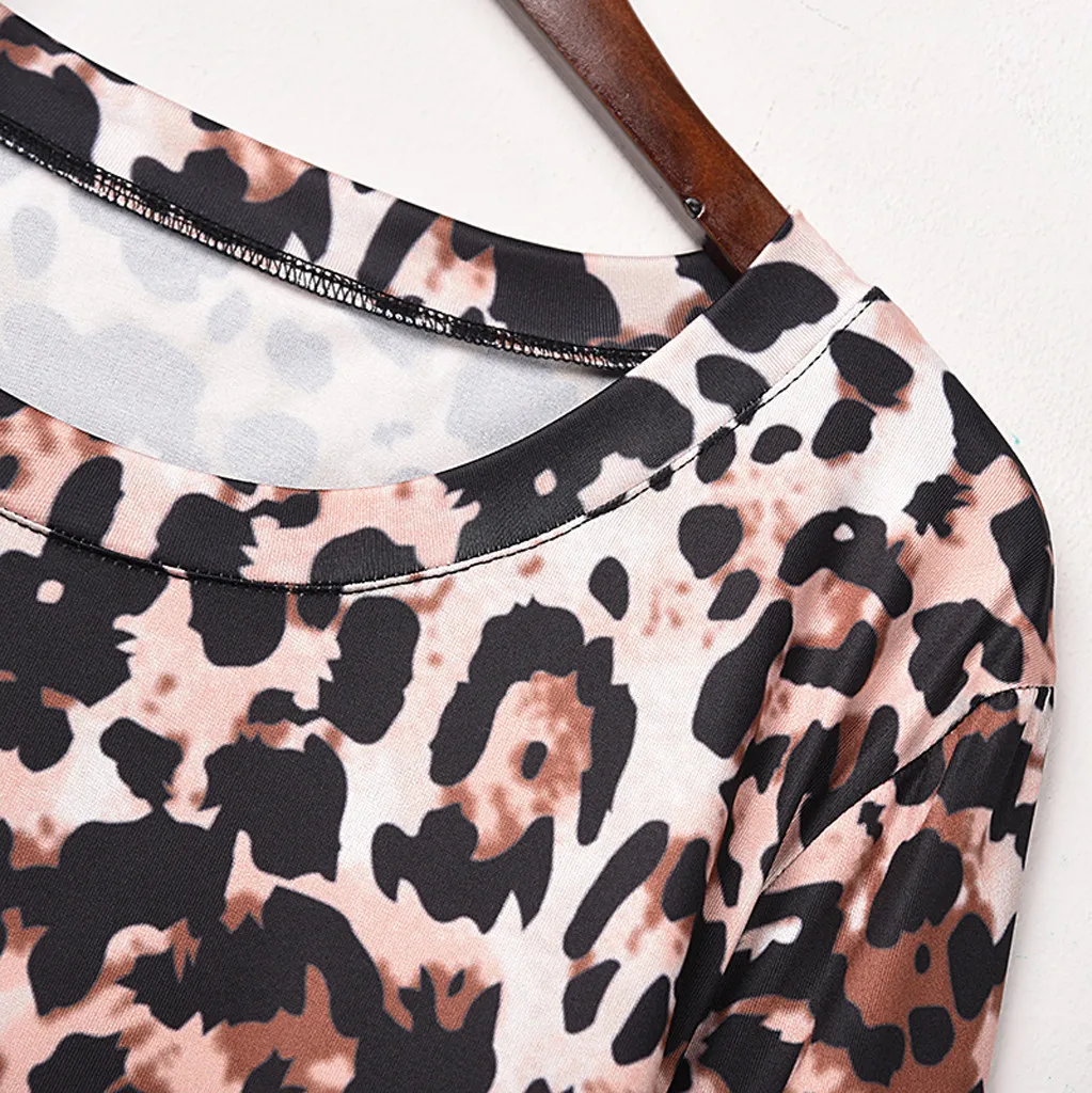

Soft fabric Fashion Women O-neck Leopard Print Splicing Long Sleeves Pullover Blouses Tops Q1