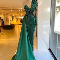 dark green mermaid evening dress one shoulder ruffle overskirt gowns sequins luxury prom dresses second reception dress