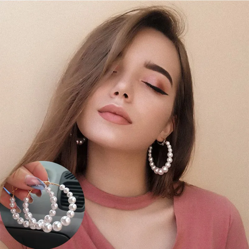 Женские серьги-кольца с круглым белым жемчугом корейские большие круглые