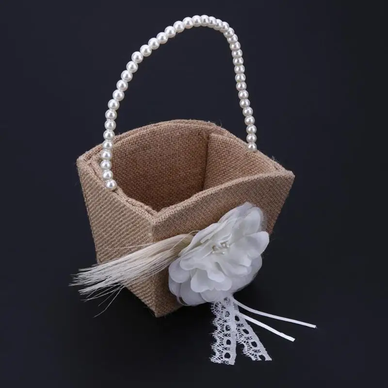 Джутовая корзина для цветов в стиле ретро кружевная свадебная с жемчугом и