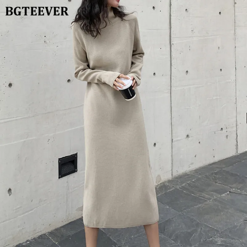 BGTEEVER осенне-зимнее трикотажное платье до середины икры с высоким воротником