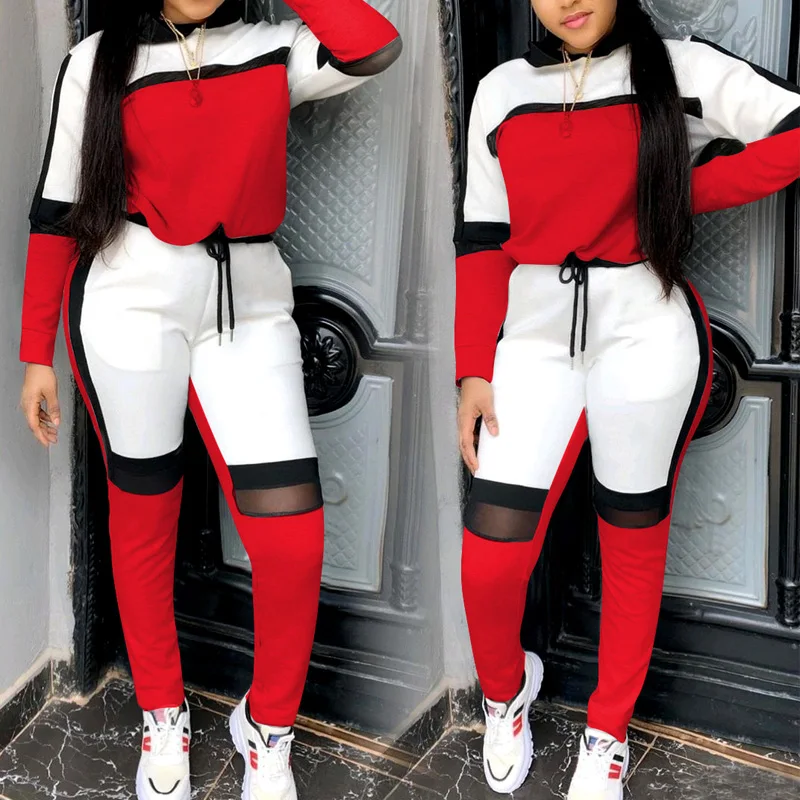 

7 цветов, элегантный женский комплект из двух предметов, спортивный костюм, сетчатые Лоскутные тонкие топы с капюшоном и обтягивающие штаны,...