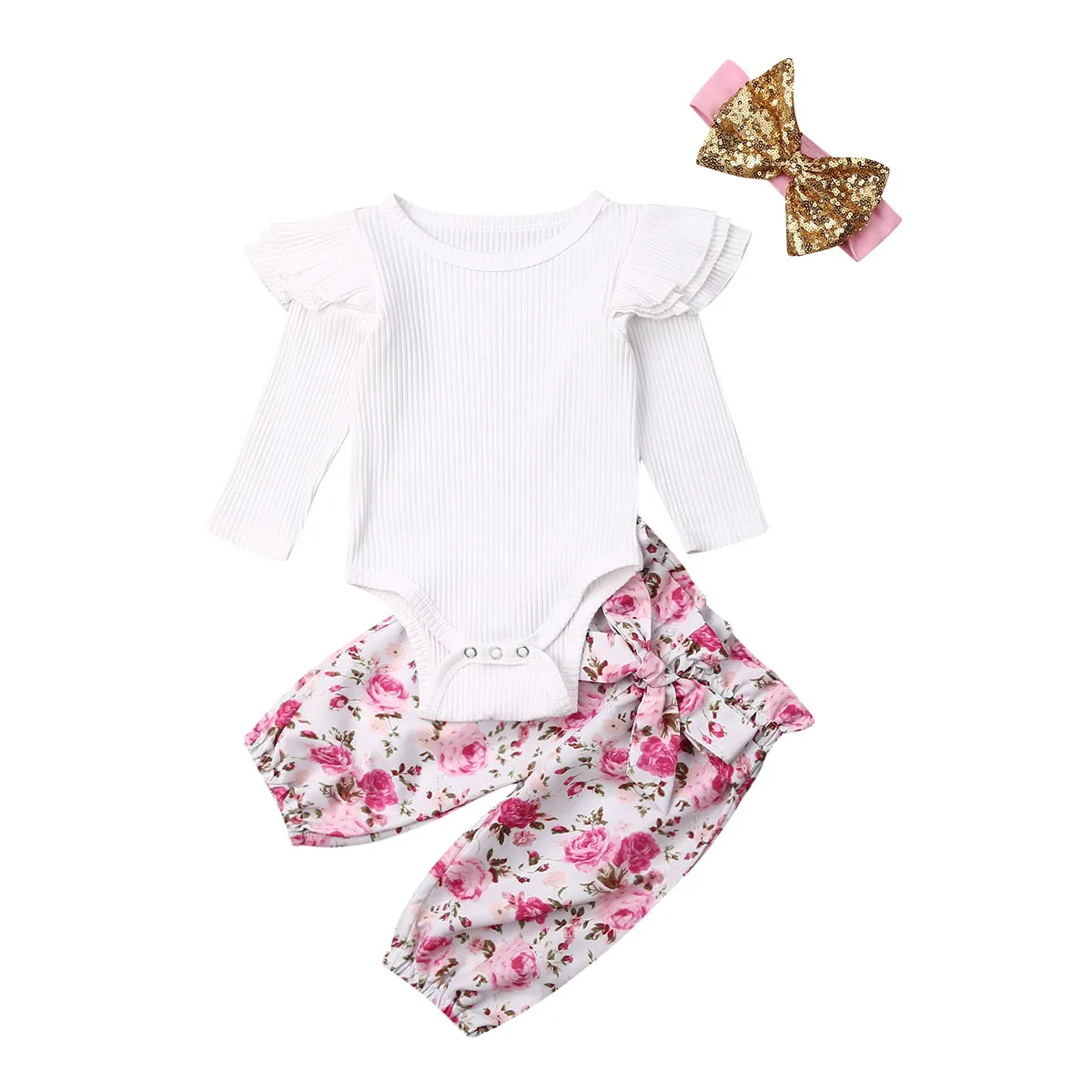 Красный Г. Милая Одежда для девочек топы с оборками для новорожденных девочек, Трикотажный боди+ штаны с цветочным рисунком+ повязка на голову, комплекты одежды комплект из 3 предметов - Цвет: Красный