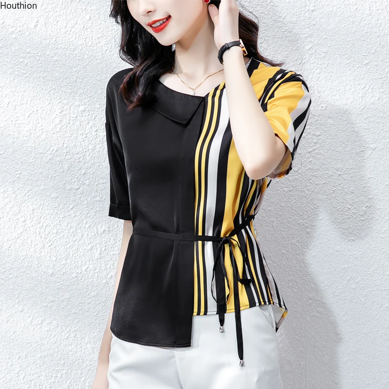 

Summer New Women's Blouses V-neck Shirt Short Sleeve Tops Printed Stitching Blouse Chiffon Casual Fashion Loose