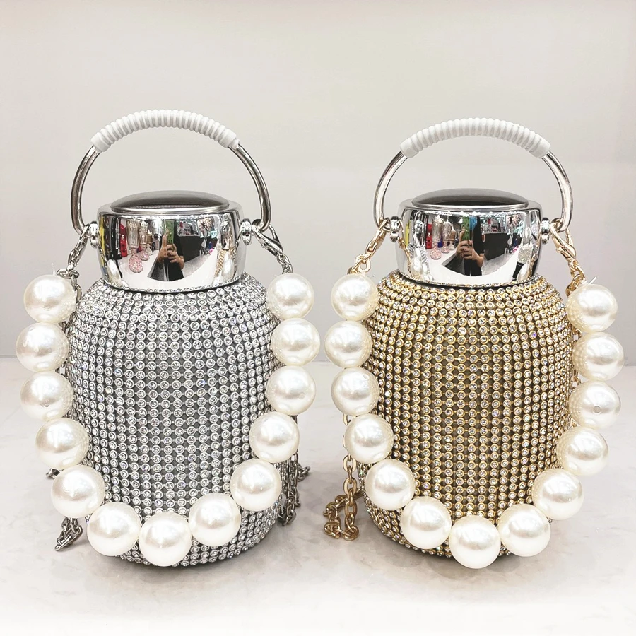 

Большая вакуумная колба со стразами, портативная чашка для воды, креативная цепочка из нержавеющей стали с жемчугом, дорожная компактная кр...