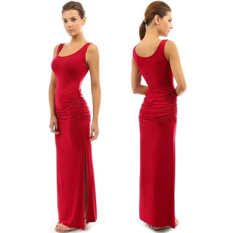 Женское платье макси летнее однотонное облегающее без рукавов длинное на