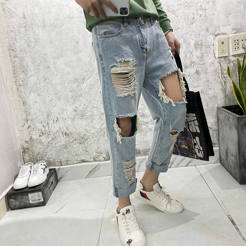 

2022 Men's jeans European and American summer knee torn nine minute trousers men's casual pants baggy Britches large size