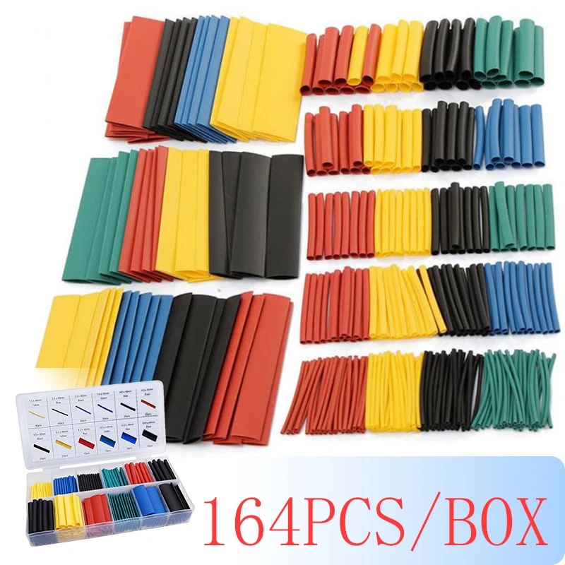 

164pcs/Box Heat Shrink Tube Kit Shrinking Assorted Polyolefin Insulation Sleeving Heat Shrink Tubing Wire Cable 8 Sizes 2:1 s