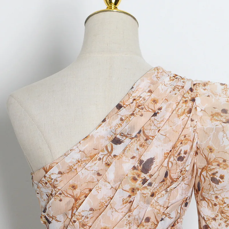 

Print Floral Dress 2021 Autumn Sexy Off-Shoulder One-Sleeve Pleated Lace-up Waist Hugging Bag Hip Floral Printed Dress Harajuku