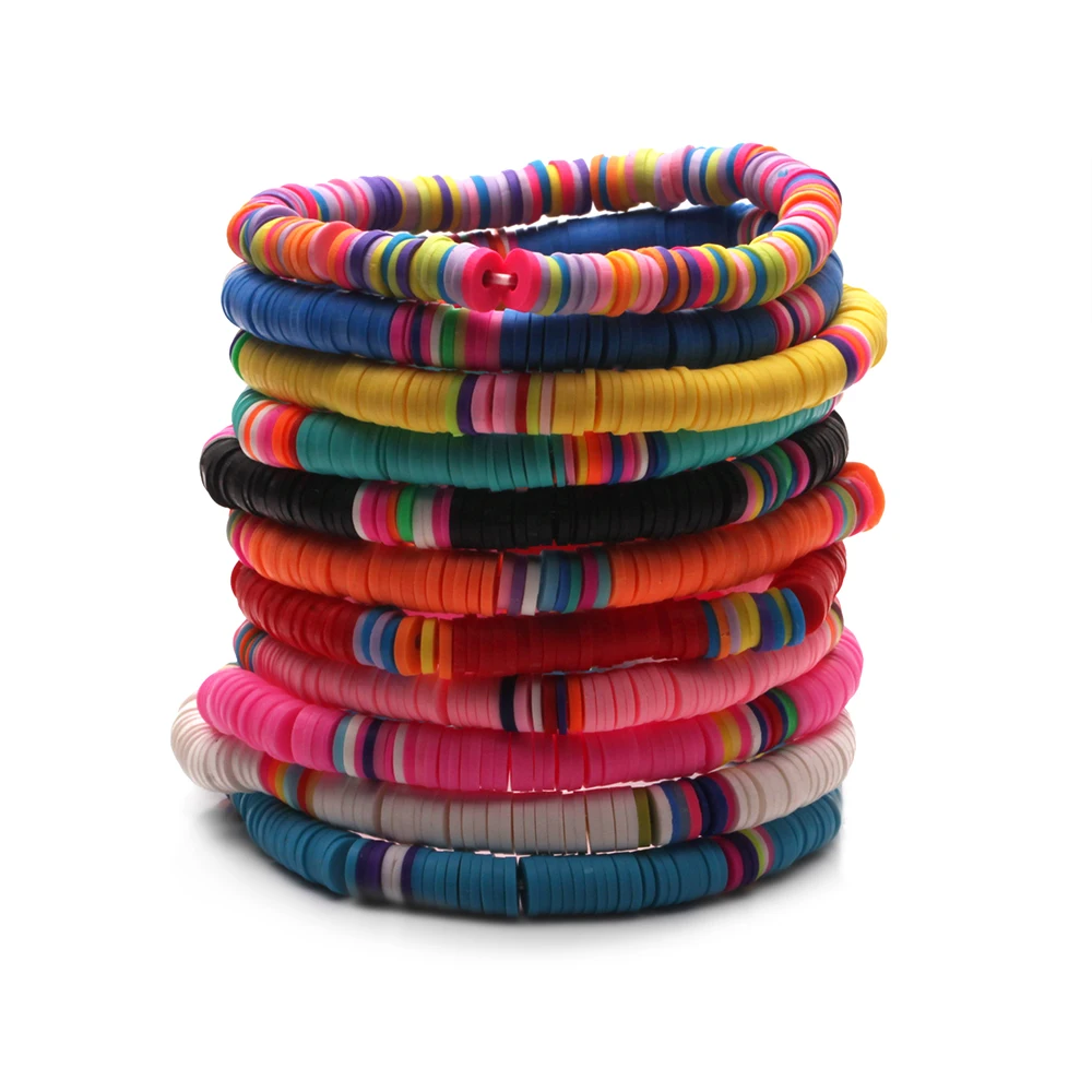 Multicolor 6mm Polymer Clay Discs Heishi Beads Stretch Bracelet Women Waterproof Colorful Vinyl Record Mixed Summer Surf Jewelry