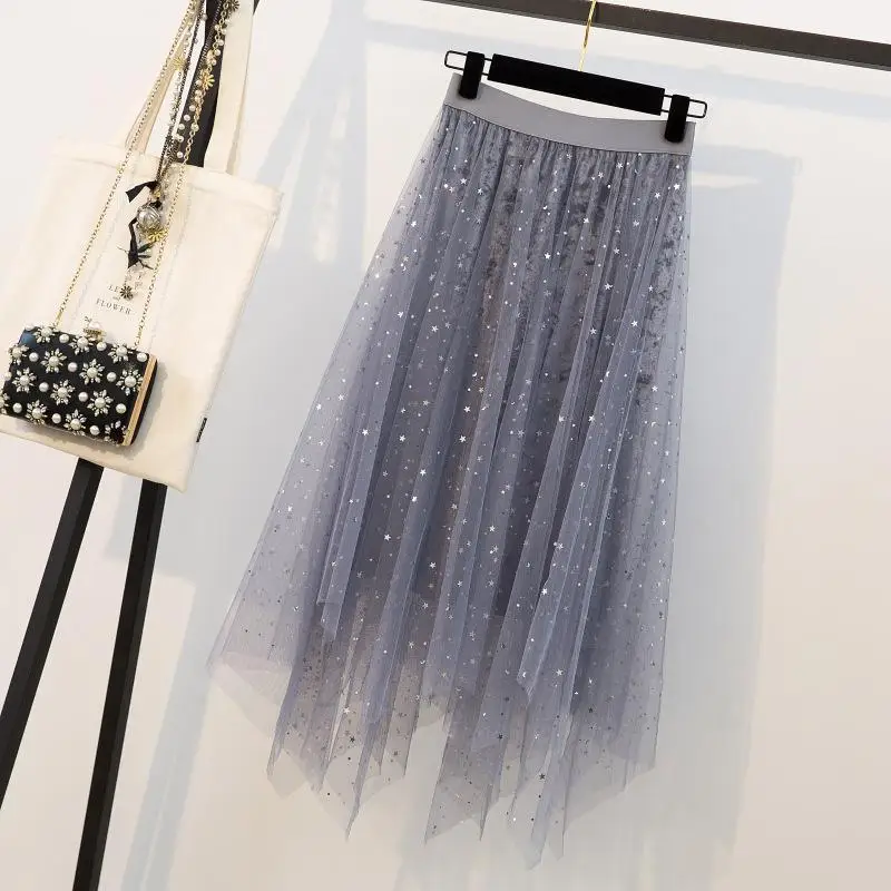 Женская Осенняя Асимметричная сетчатая Юбка миди с блестками и звездами размеры