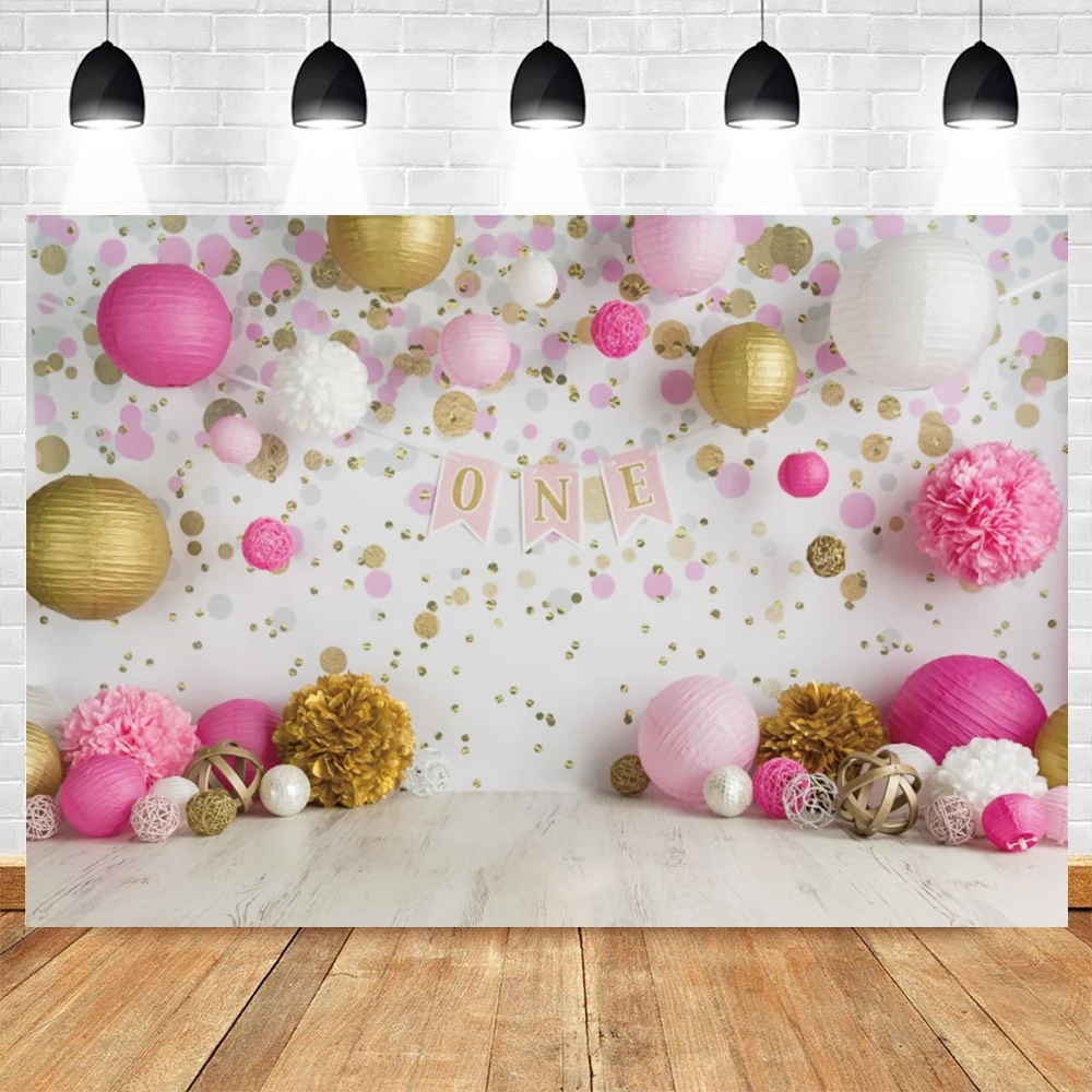 

Pink Golden Ball Newborn Baby 1st Birthday Party Backdrop Vinyl Photography Background For Photo Studio Photocall Photophone