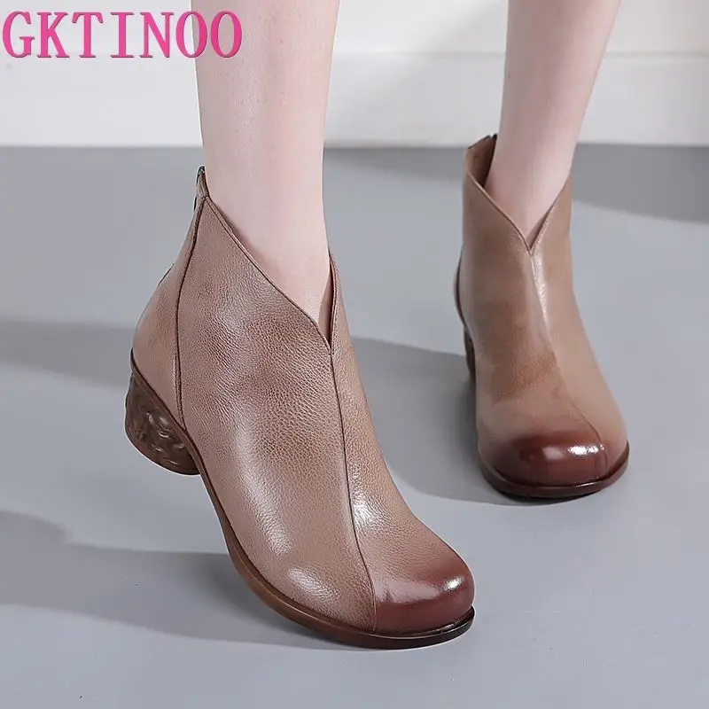 Ботинки женские из натуральной кожи на толстом каблуке с молнией сзади Осенние