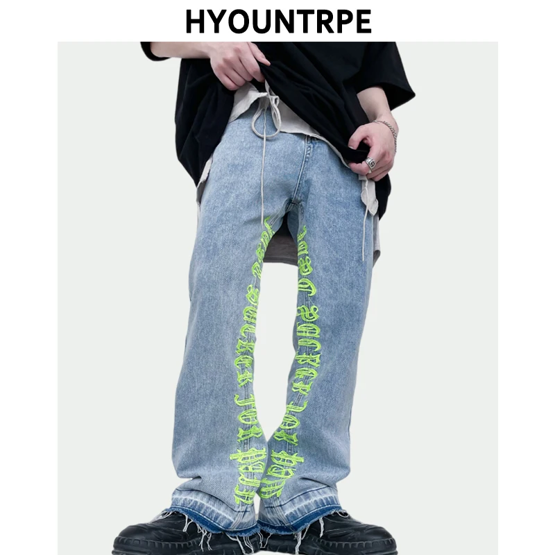 Fashion Letters Embroidery Denim Flare Jeans Mens High Street Elastic Waist Straight Trouser Hip Hop Streetwear Pants Joggers