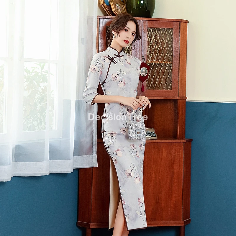 

2021 китайский женский qipao халат длинная стильная cheongsam для женщин традиционный шифоновое платье для девочек; Платье с рукавами средней длины ...