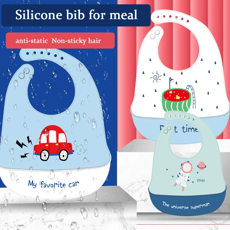 

Силиконовые нагрудники для еды, милый мультяшный нагрудник с животными, 3D Водонепроницаемый кармашек для риса, складные детские инструмент...