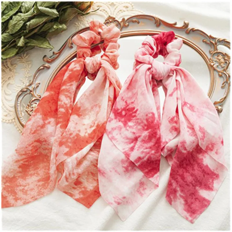 

2021 Tie Dyed Fabric Hair Bands Elastic Women Scarf Hair Accessories Long Hair Ribbons Bow Knot Hair Ties New Hair Ropes